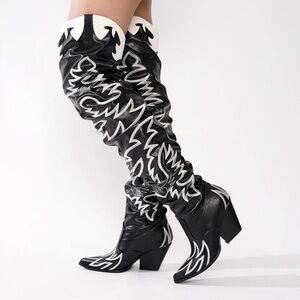 Black & White Western Thigh-high,Over-the-Knee Boots with flame inspired details